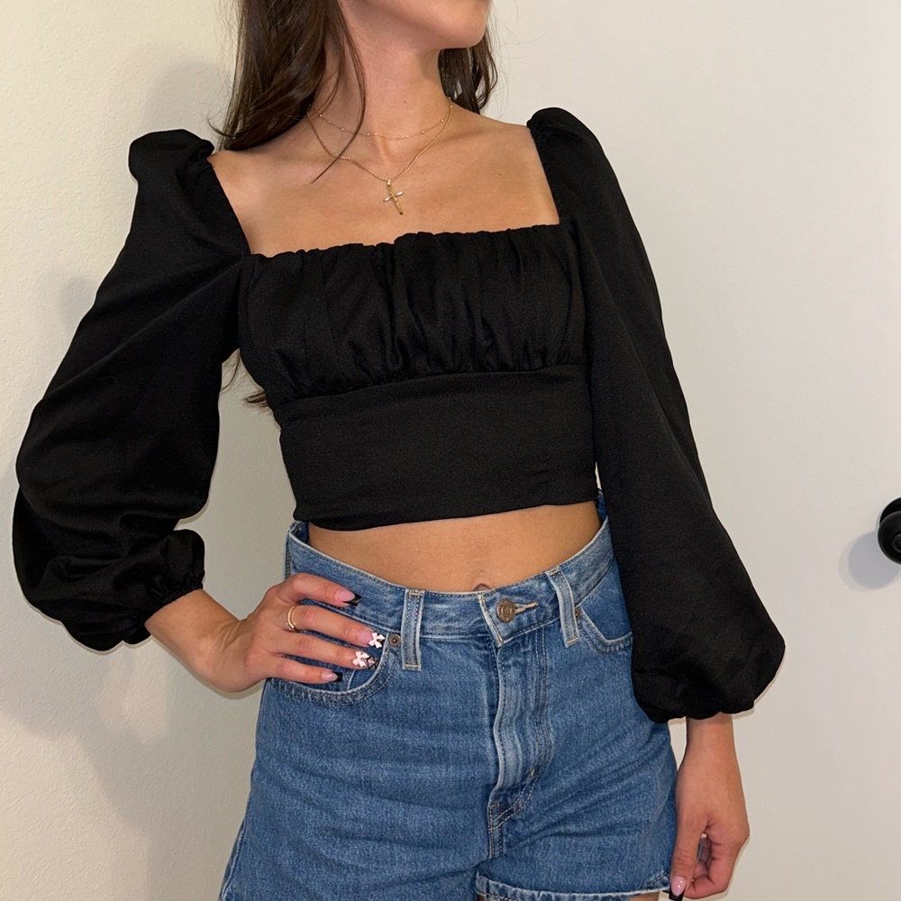 Princess Polly Black Puff Sleeve Crop Top